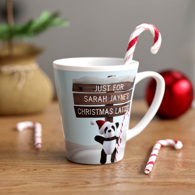 Cute Panda Bear Festive Christmas Coffee Latte Mug (For peppermint lattes and gingerbread ones too. Just add your name to this festive panda latte mug)