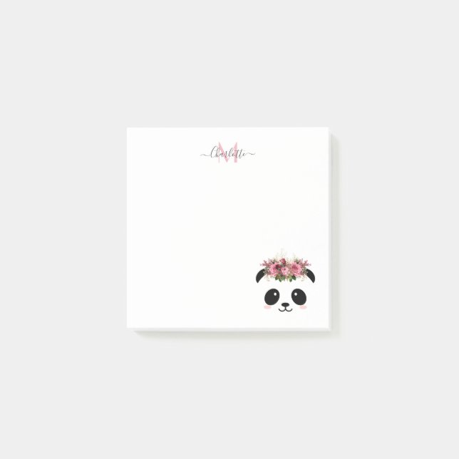 Cute panda bear floral personalised monogram  post-it notes (Front)