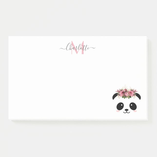 Cute panda bear floral personalised monogram  post-it notes (Front)