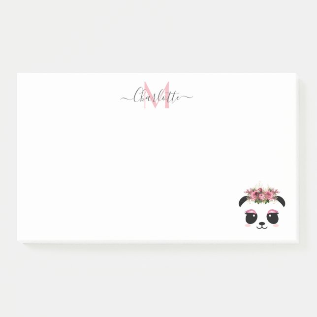 Cute panda bear floral personalised monogram  post-it notes (Front)