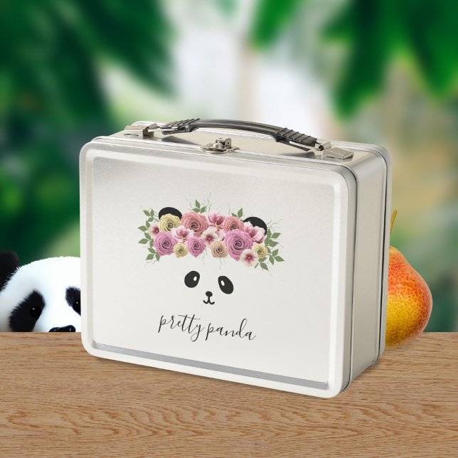 Cute Panda Bear Girl Floral Metal Lunch Box (A pretty panda bear with flowers in her hair. Just add your name to this cute metal lunch box)