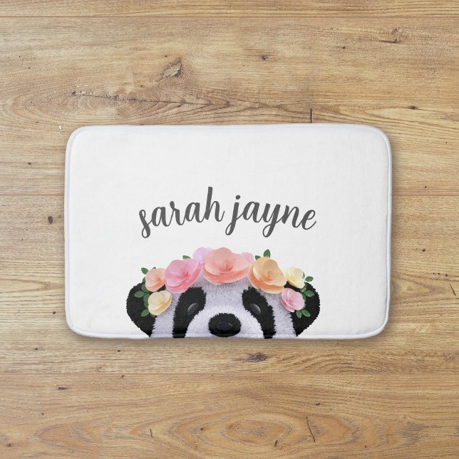 Cute Panda Bear Girl Personalised Kids Bath Mat (A cute panda bear bath mat with space for your name)