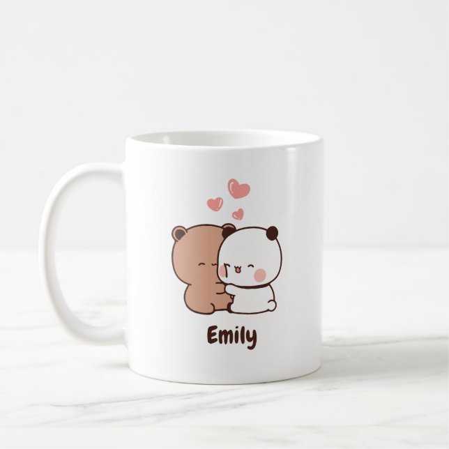 Cute Panda bear huging love, Personalised Name Coffee Mug (Left)