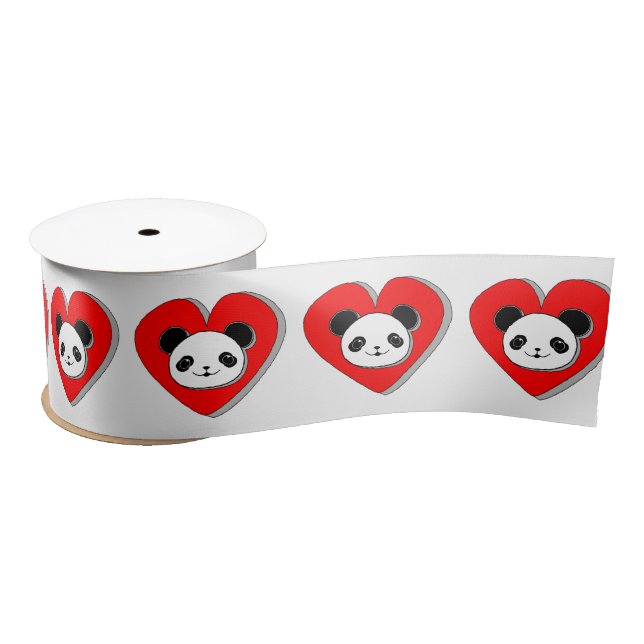 Cute Panda Bear In Red Heart Satin Ribbon (Spool)