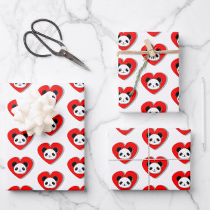 Cute Panda Bear In Red Heart Wrapping Paper Sheet