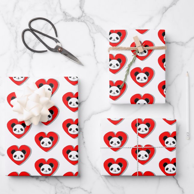 Cute Panda Bear In Red Heart Wrapping Paper Sheet (Front)