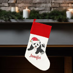 Cute Panda Bear in Santa Hat Custom Kids Christmas Stocking<br><div class="desc">This beautiful Christmas panda bear stocking features a cute panda wearing a red Santa hat. This pretty personalised animal Christmas stocking is decorated your monogram in red. Customise with your own text at the bottom for a classy gift.</div>