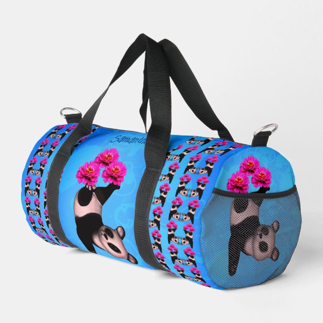 Cute Panda Bear Juggling Pink Flowers Duffle Bag (Right Corner)