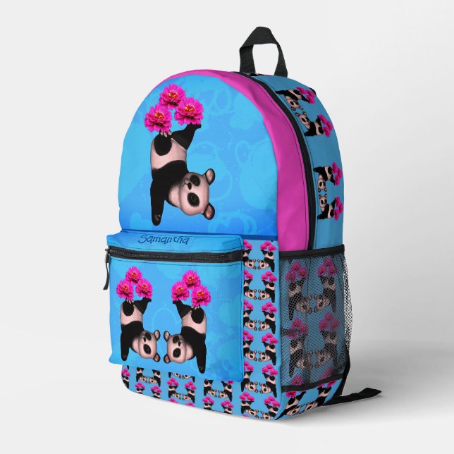 Cute Panda Bear Juggling Pink Flowers Printed Backpack (Back Corner Right)