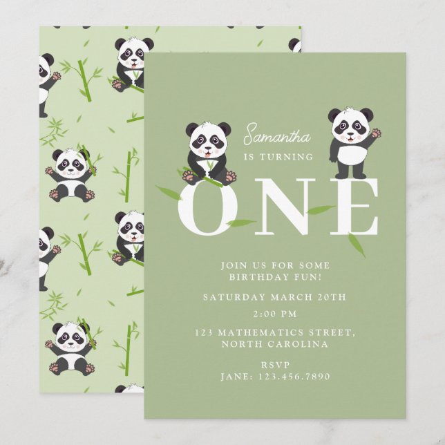 Cute Panda Bear Kawaii Kids First One Birthday Invitation (Front/Back)