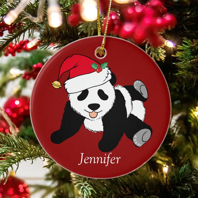 Cute Panda Bear Kids Monogram Red Christmas Ceramic Tree Decoration (Creator Uploaded)