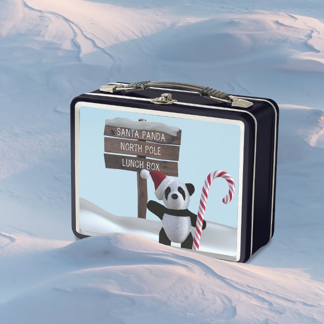Cute Panda Bear North Pole Kids Christmas Gift Metal Lunch Box (A cute panda bear carrying a candy cane & wearing a Santa Hat. Just add your name to this lunch box)