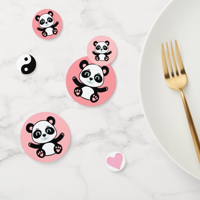 Cute panda bear on pink confetti (Group)