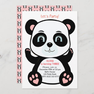 Cute Panda Bear on Pink & White Birthday Invitation