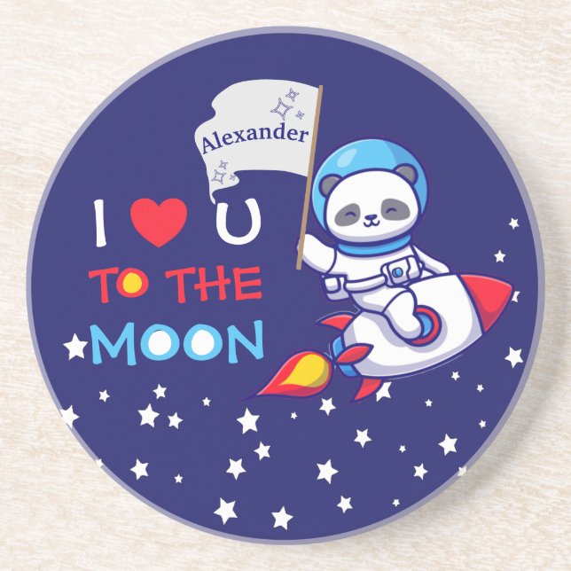 Cute Panda Bear On Rocket Ship Kids Personalised Coaster (Front)