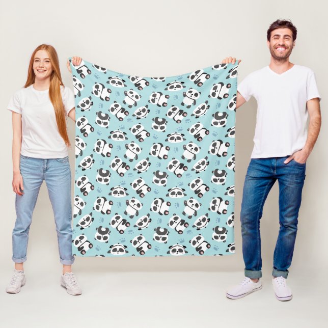 Cute panda bear paw cyan background fleece blanket (In Situ)