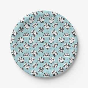 Cute panda bear paw cyan background paper plate