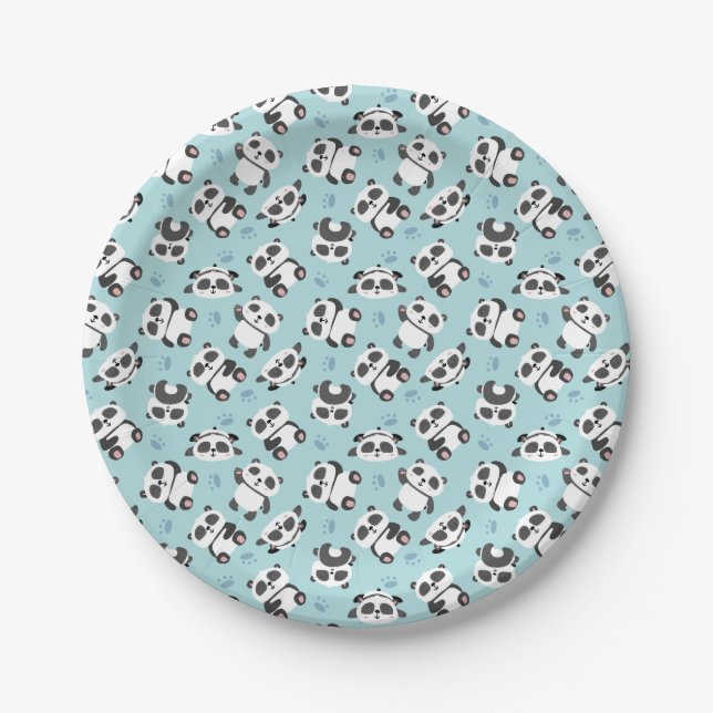 Cute panda bear paw cyan background paper plate (Front)