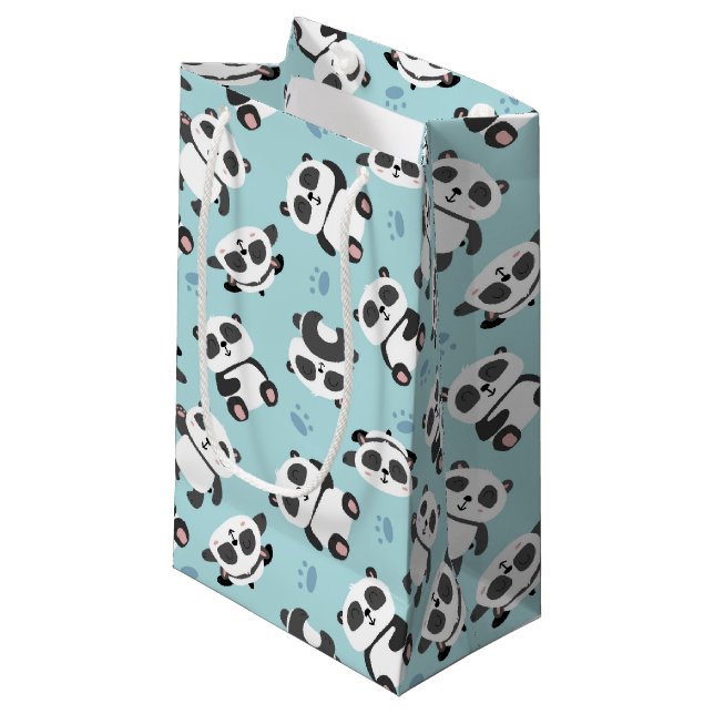 Cute panda bear paw cyan background small gift bag (Front Angled)