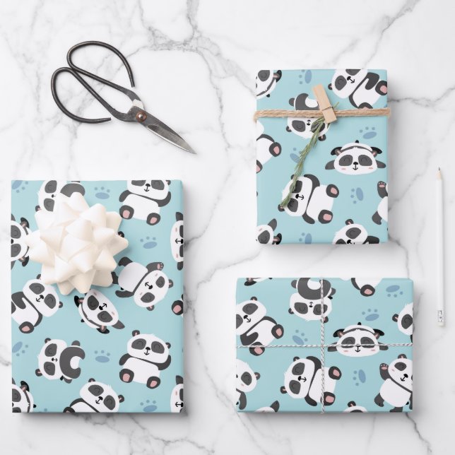 Cute panda bear paw cyan background wrapping paper sheet (Front)
