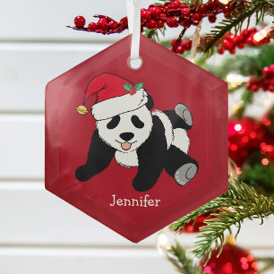 Cute Panda Bear Personalised Kids Red Christmas Glass Tree Decoration