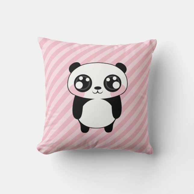 Cute Panda Bear Pink Stripes Background Cushion (Front)