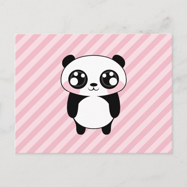 Cute Panda Bear Pink Stripes Background Postcard (Front)