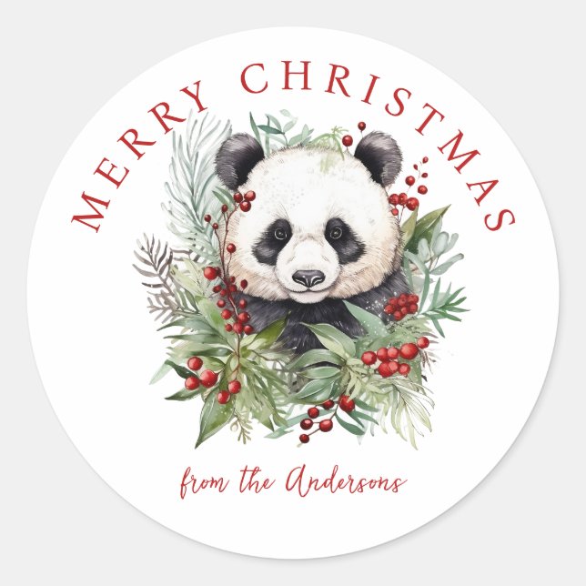 Cute Panda Bear Rustic Christmas botanicals Classic Round Sticker (Front)