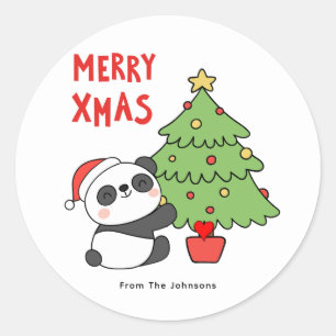 Cute Panda Bear With Christmas Tree Classic Round Sticker