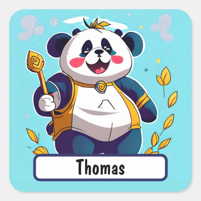 Cute Panda Bear With Customisable Nametag Square Sticker (Front)