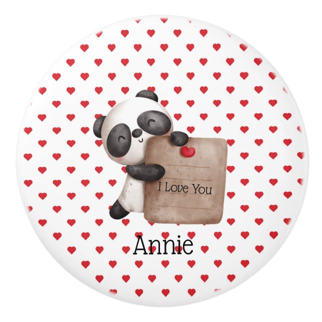 Cute Panda Bear With I Love You Note - Monogrammed Ceramic Knob (Front)