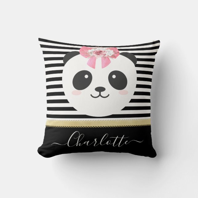 Cute panda bear with pink ribbon  throw pillow (Front)