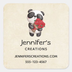 Cute Panda Bear with Rose Bouquet Business Square Sticker