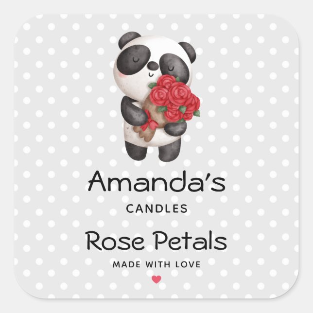 Cute Panda Bear with Rose Bouquet Candle or Soap Square Sticker (Front)