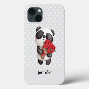 Cute Panda Bear with Rose Bouquet iPhone 13 Case
