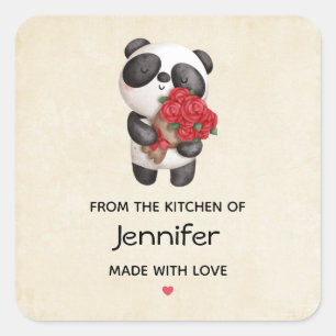 Cute Panda Bear with Rose Bouquet Kitchen Square Sticker
