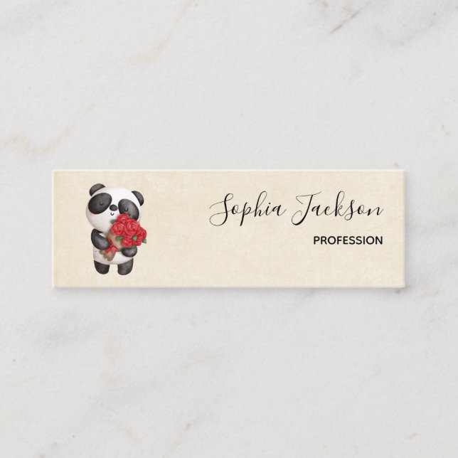 Cute Panda Bear with Rose Bouquet Mini Business Card (Front)
