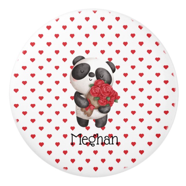 Cute Panda Bear With Rose Bouquet  Monogrammed  Ceramic Knob (Front)