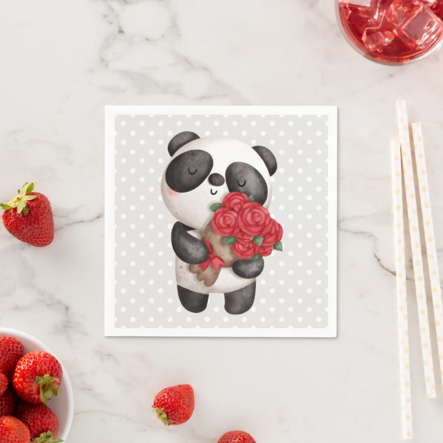 Cute Panda Bear with Rose Bouquet Napkin (Insitu)