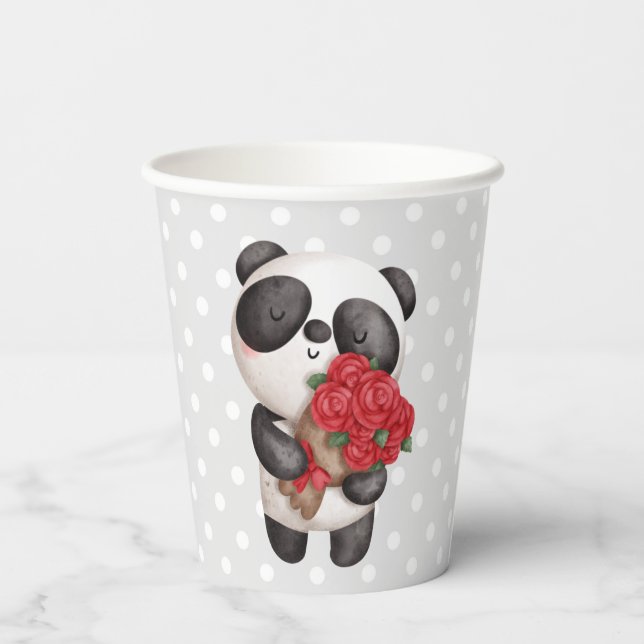 Cute Panda Bear with Rose Bouquet Paper Cups (Back)