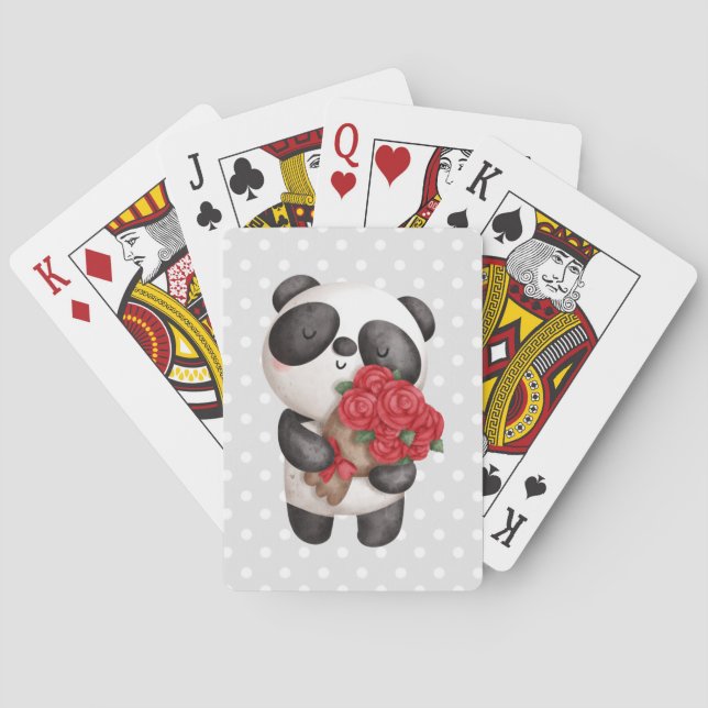 Cute Panda Bear with Rose Bouquet Playing Cards (Back)