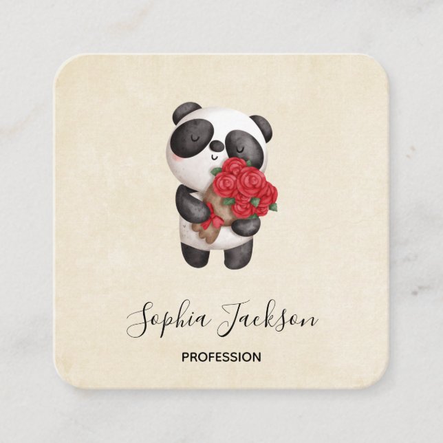 Cute Panda Bear with Rose Bouquet Square Business Card (Front)