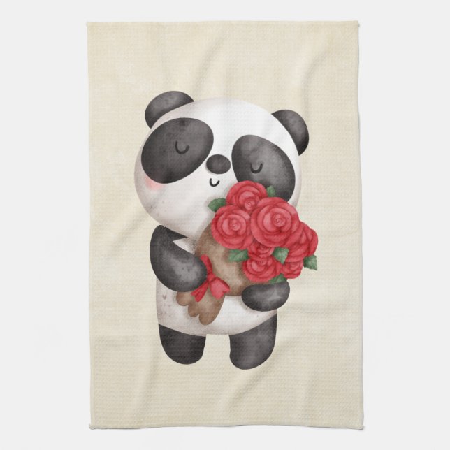 Cute Panda Bear with Rose Bouquet Tea Towel (Vertical)