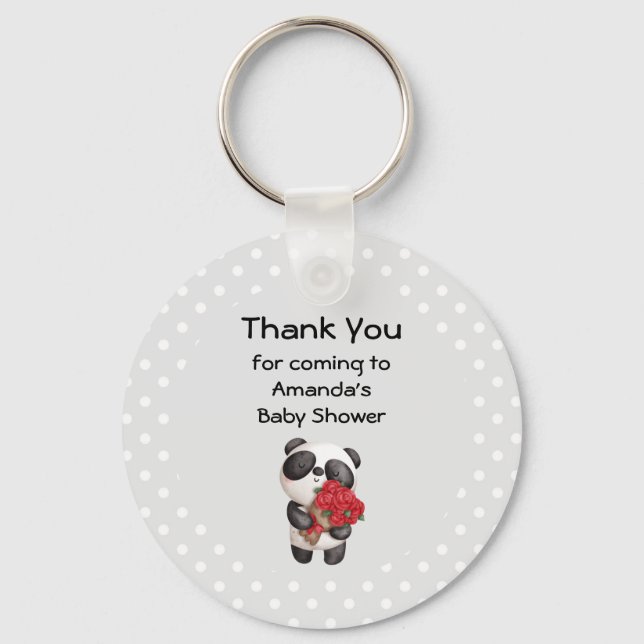 Cute Panda Bear with Rose Bouquet Thank You Key Ring (Front)