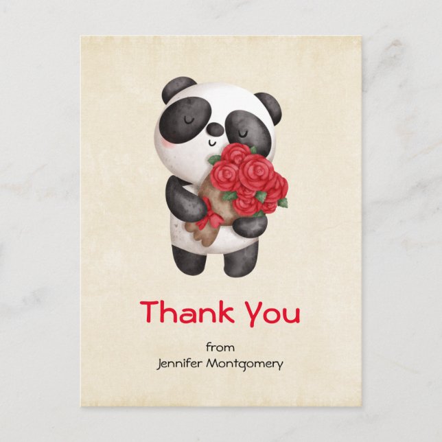 Cute Panda Bear with Rose Bouquet Thank You Postcard (Front)