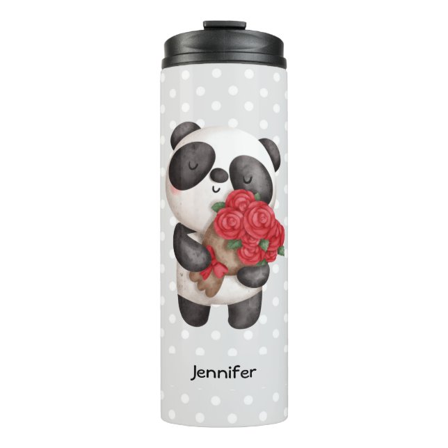 Cute Panda Bear with Rose Bouquet Thermal Tumbler (Front)