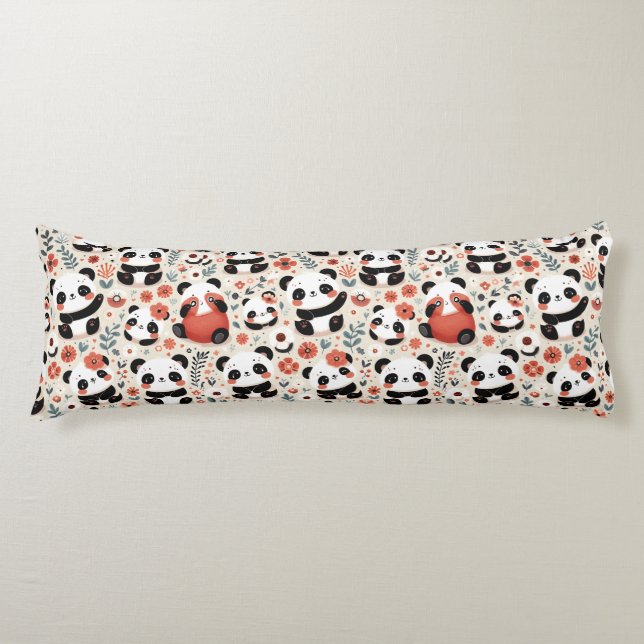 Cute Panda Bears and Flowers Body Cushion (Front)