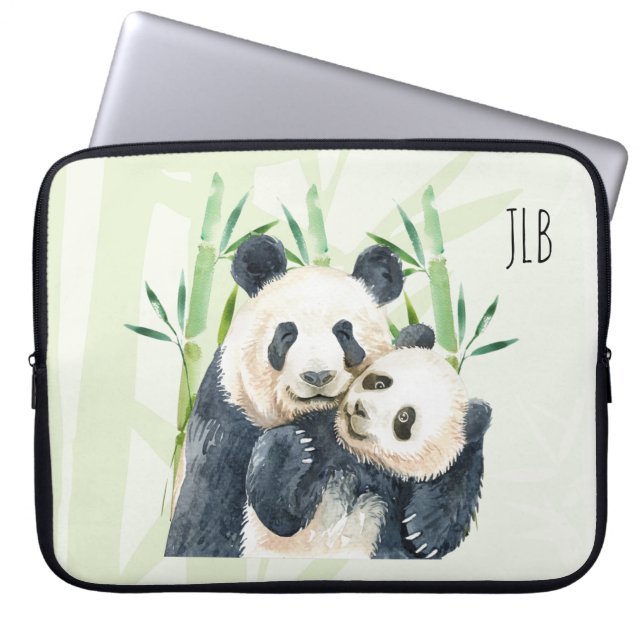 Cute Panda Bears Cuddling Watercolor Laptop Sleeve (Front)
