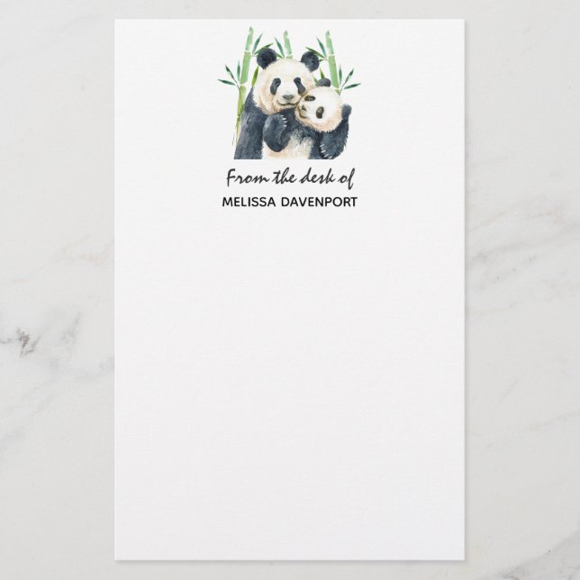 Cute Panda Bears Cuddling Watercolor Stationery (Front)