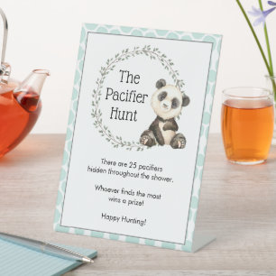 Cute Panda Bears Pacifier Hunt Baby Shower Game Pedestal Sign